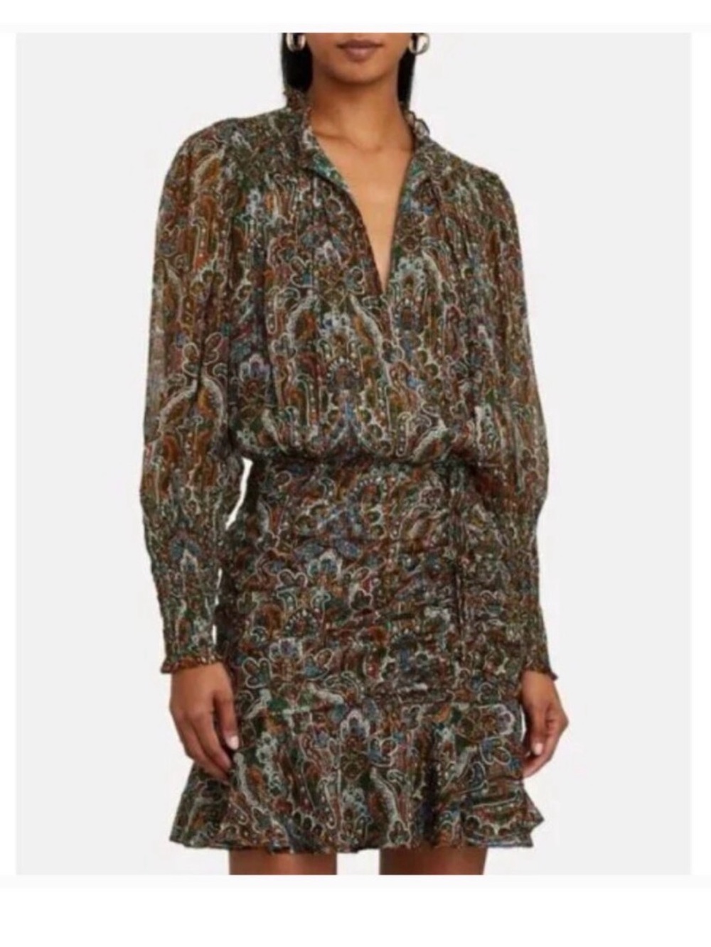 NWT Veronica Beard Paisley Print Brown/Green with Gold Long-Sleeve Mini Dress